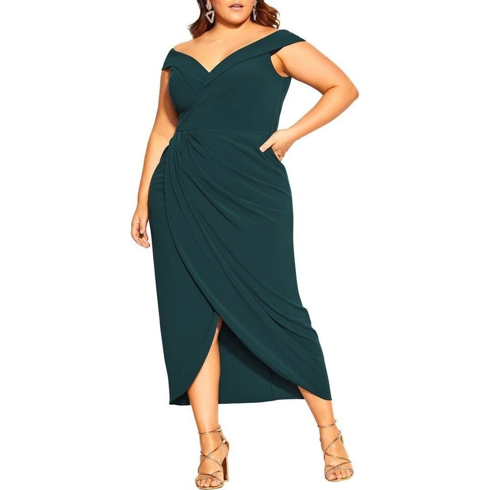 City Chic NWT Ripple Love Off Shoulder Tulip Hem Maxi Dress Emerald Green 22